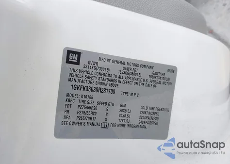 2009 GMC Yukon Slt2 z USA, uszkodzony, nr VIN 1GKFK33039R281709